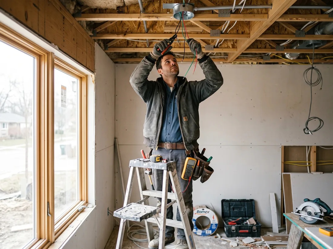 Electrician terminating wiring into a ceiling junction box