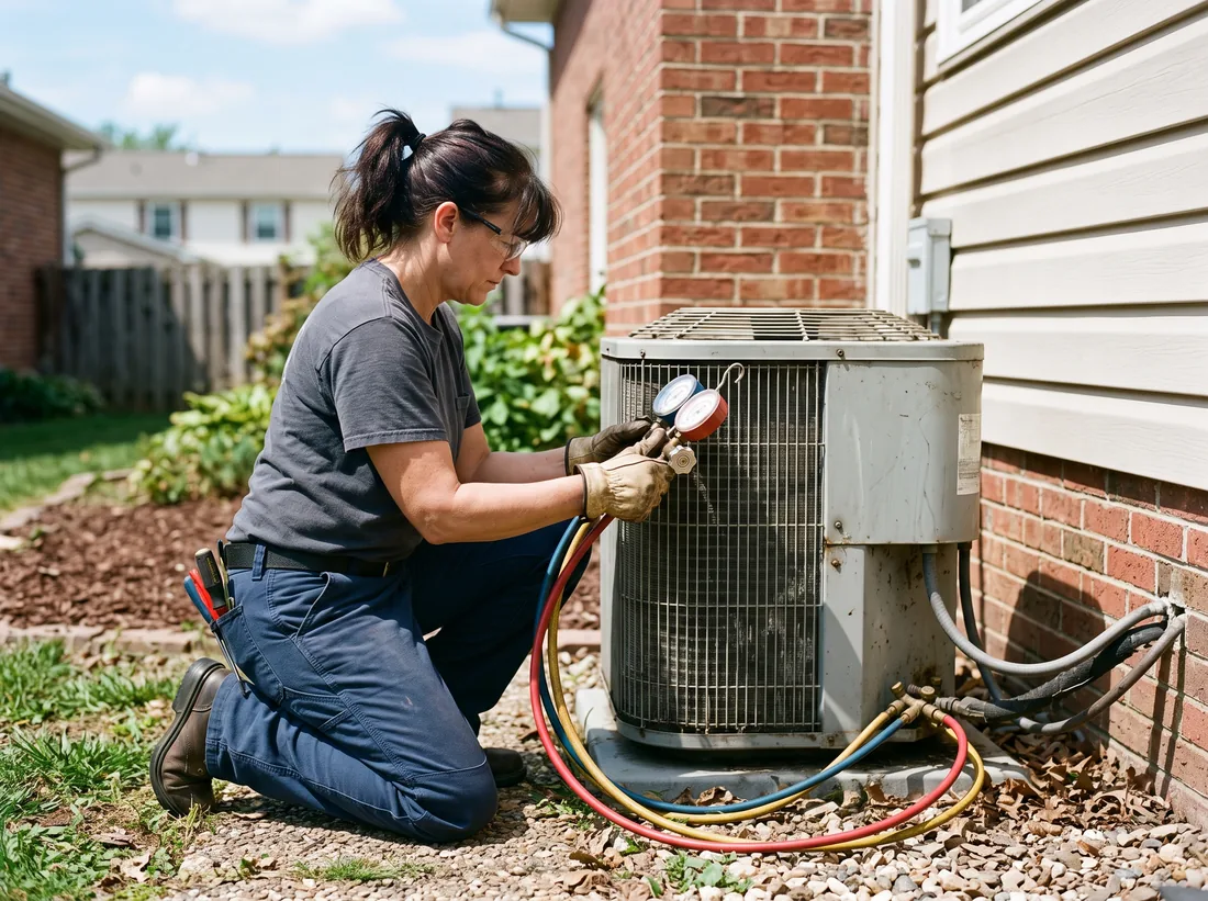 HVAC technician taking a gauge reading at an outdoor condenser unit