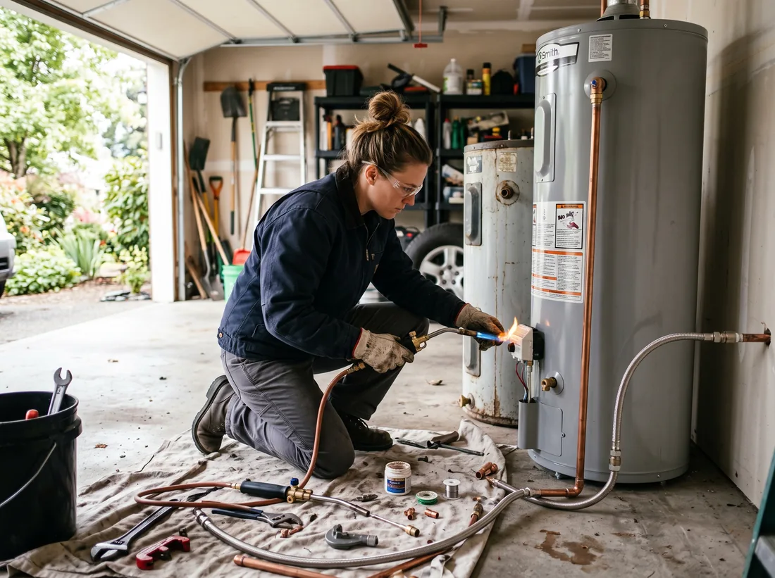 Plumber replacing a residential water heater in a garage