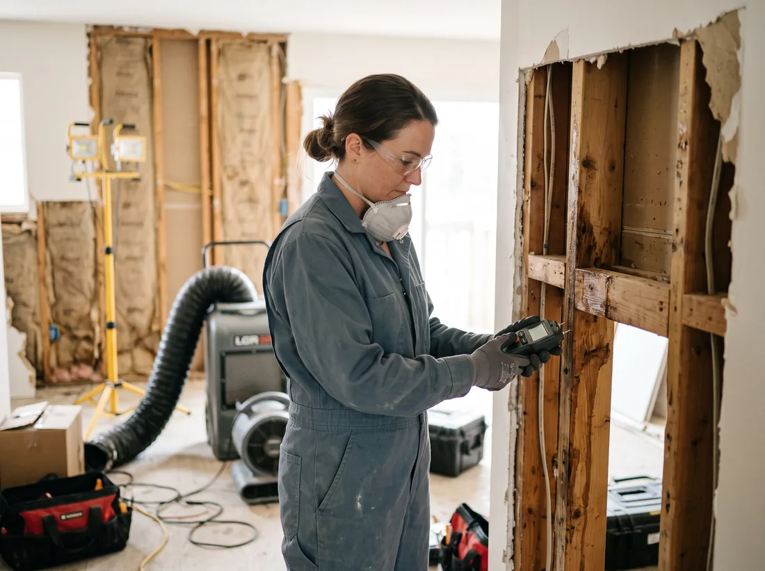 Restoration technician checking a moisture meter against a stripped stud bay