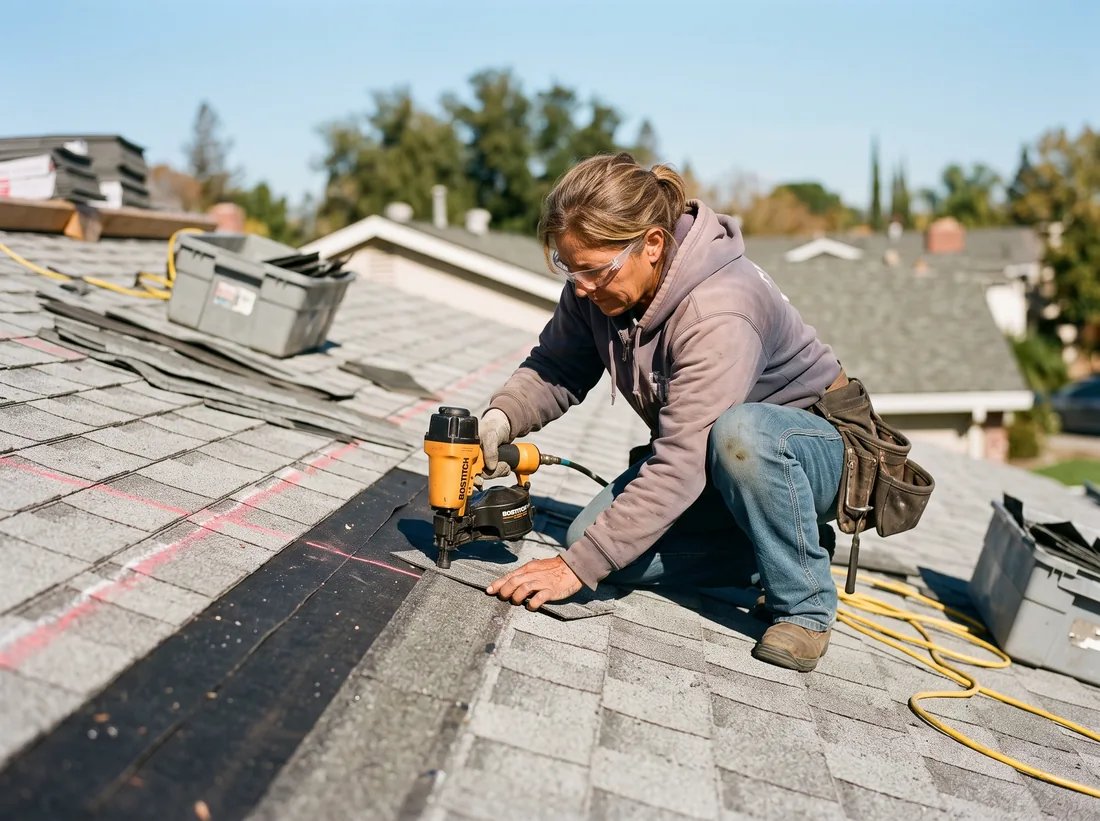 Roofer nailing down a course of architectural shingles