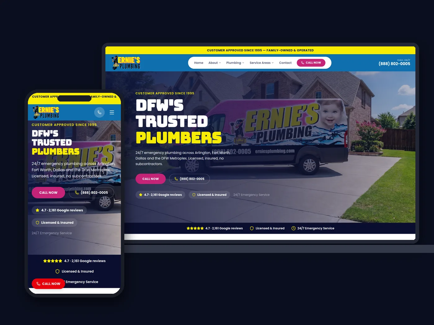 Ernie's Plumbing website shown on desktop and mobile