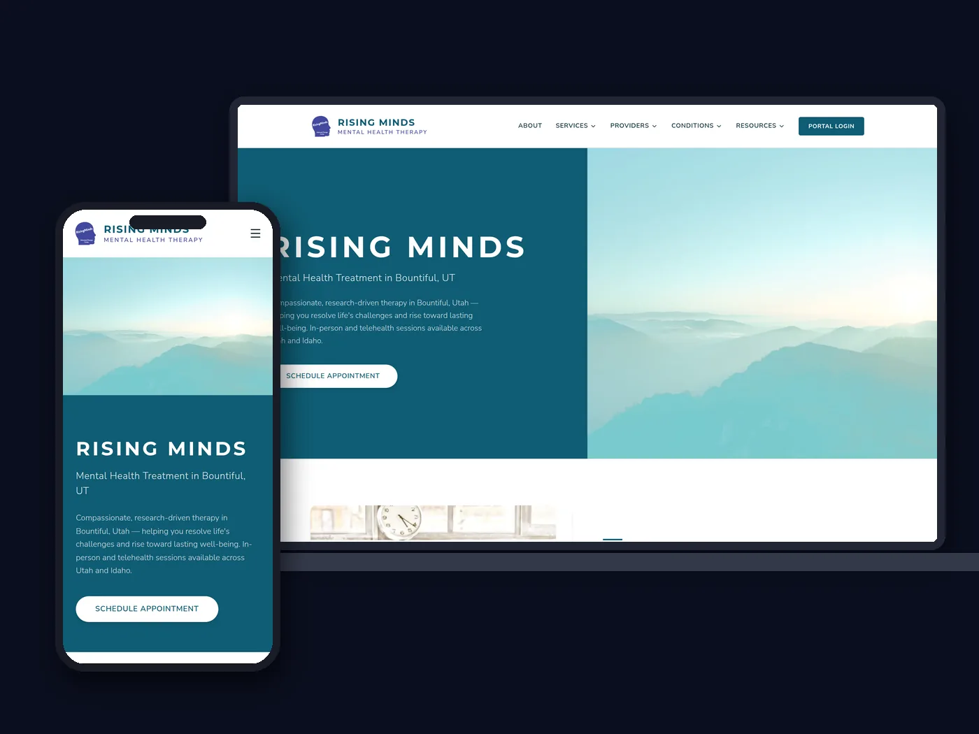 Rising Minds website shown on desktop and mobile
