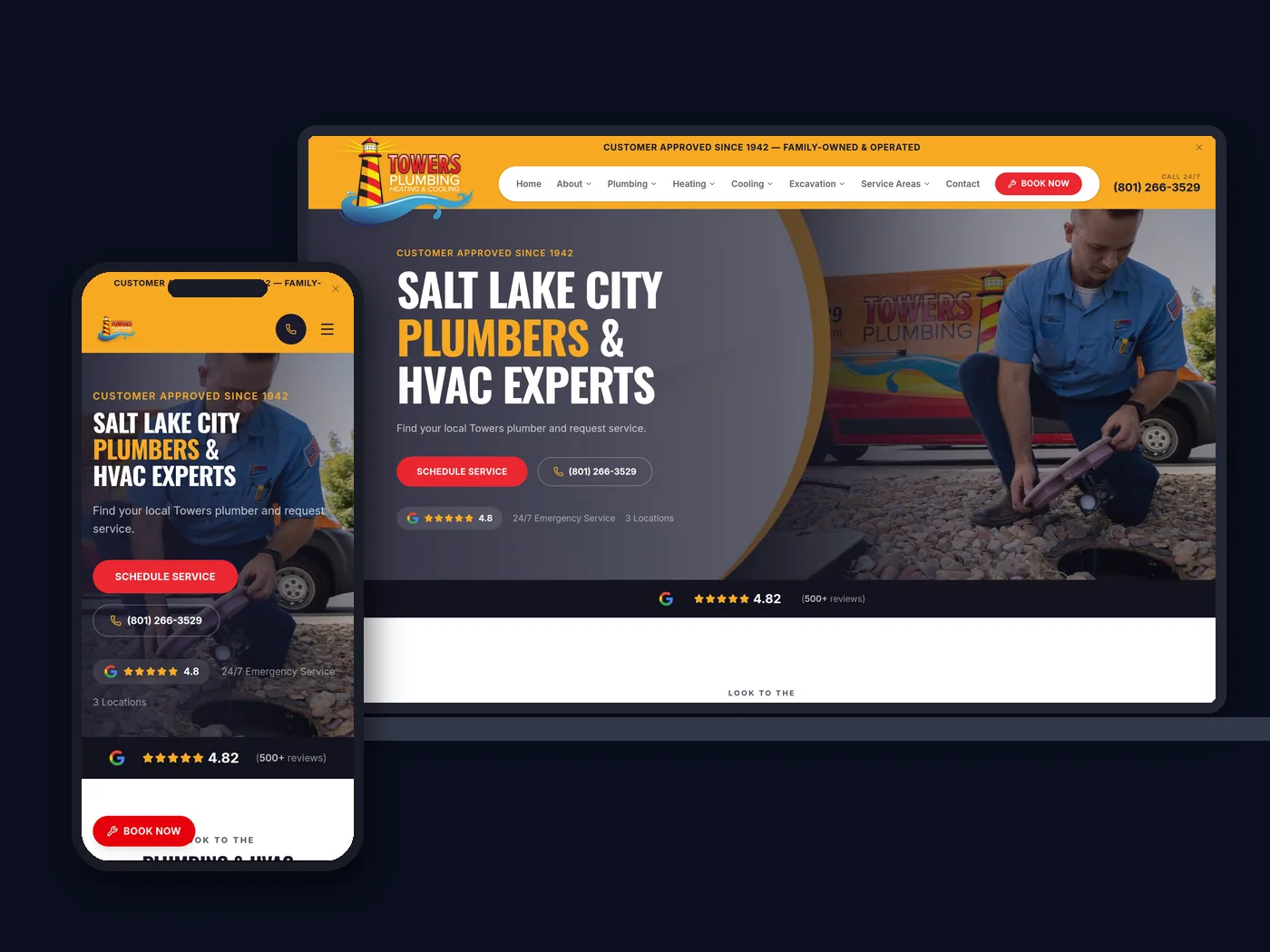 Towers Plumbing website shown on desktop and mobile