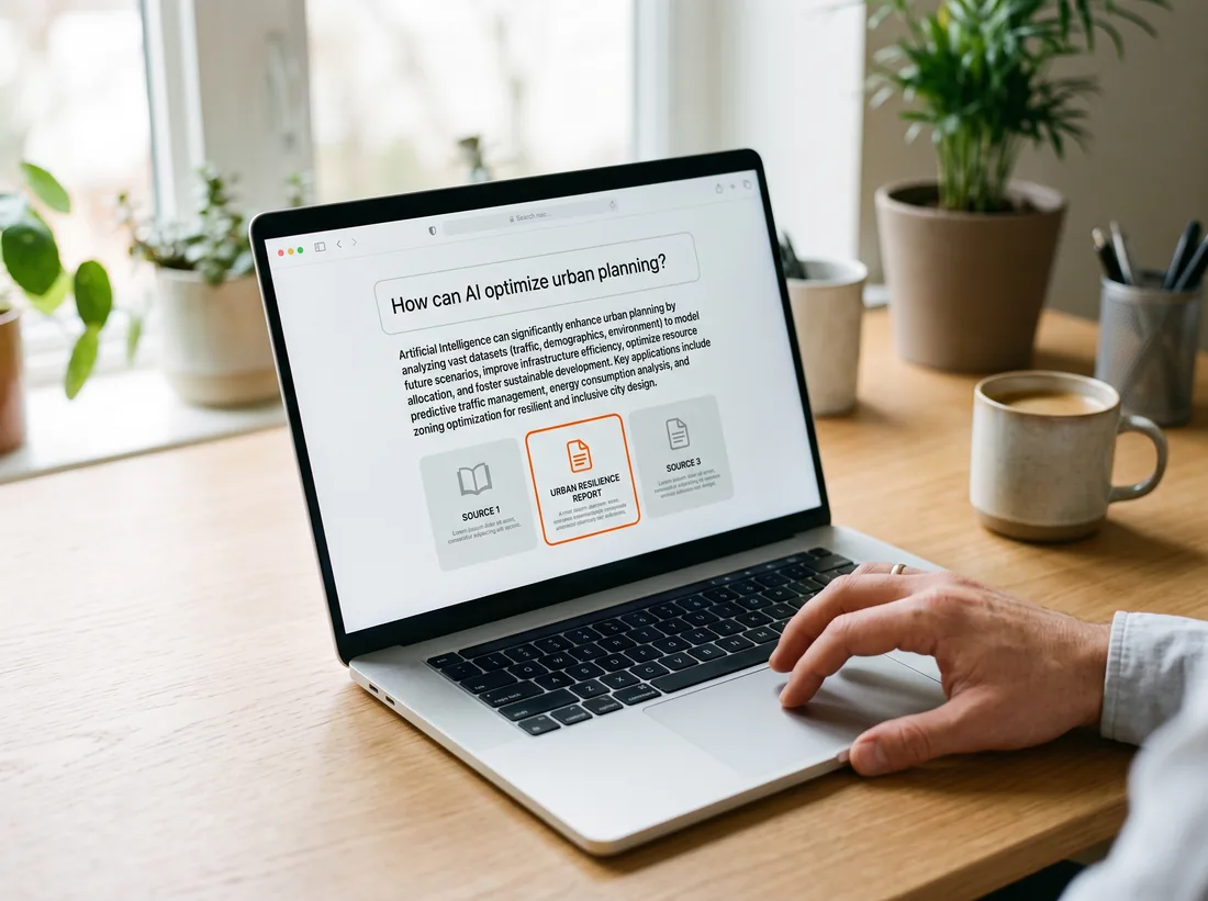AI generated answer panel with three cited source cards beneath it