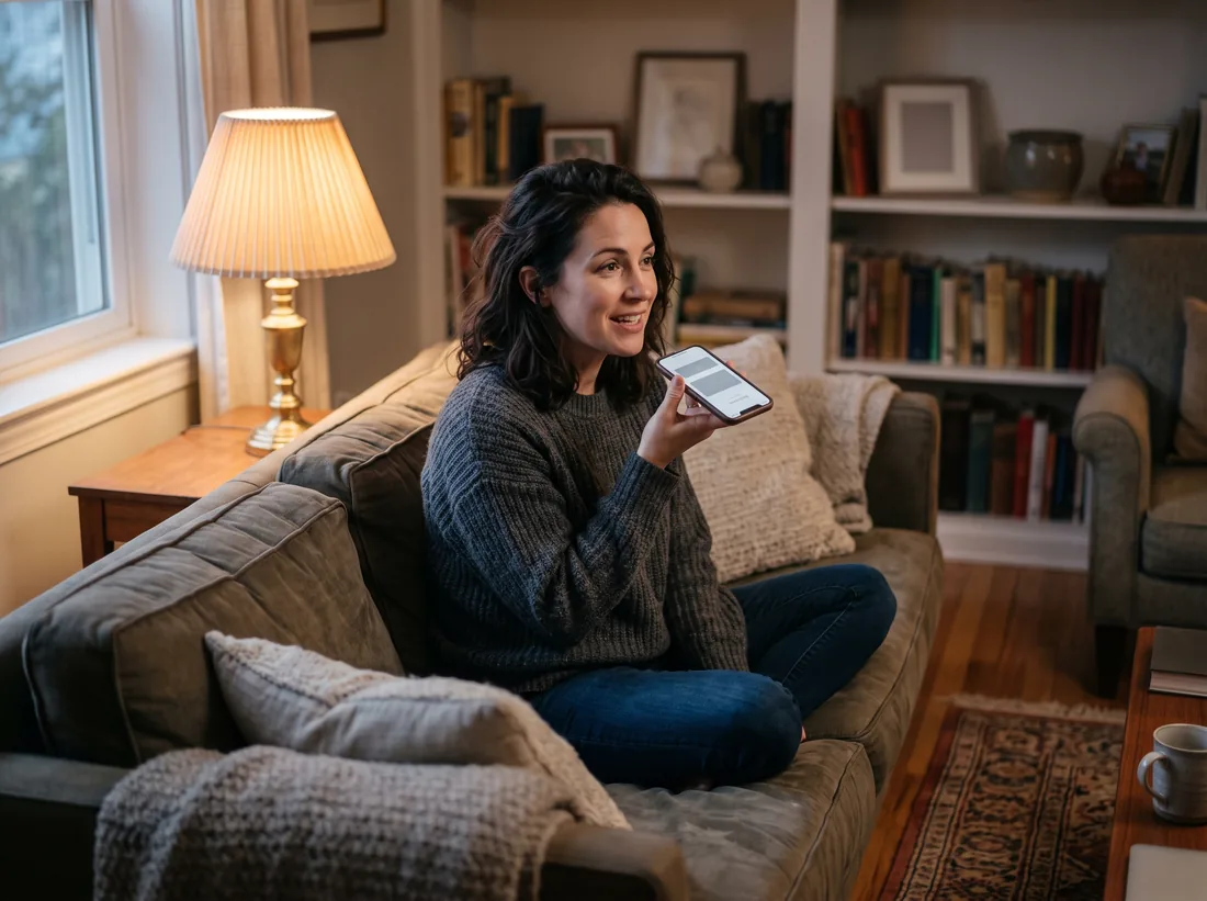 Homeowner asking a voice assistant a question at home in the evening