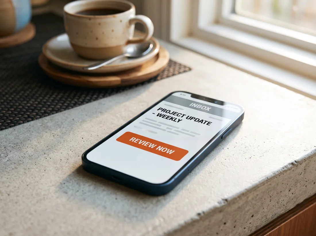 Phone showing a seasonal maintenance reminder email on a kitchen counter