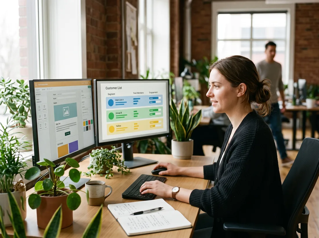 Marketing coordinator reviewing an email campaign and a segmented customer list