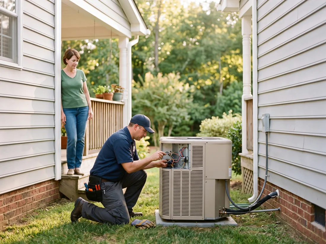 Technician performing a routine maintenance check at a customer's home