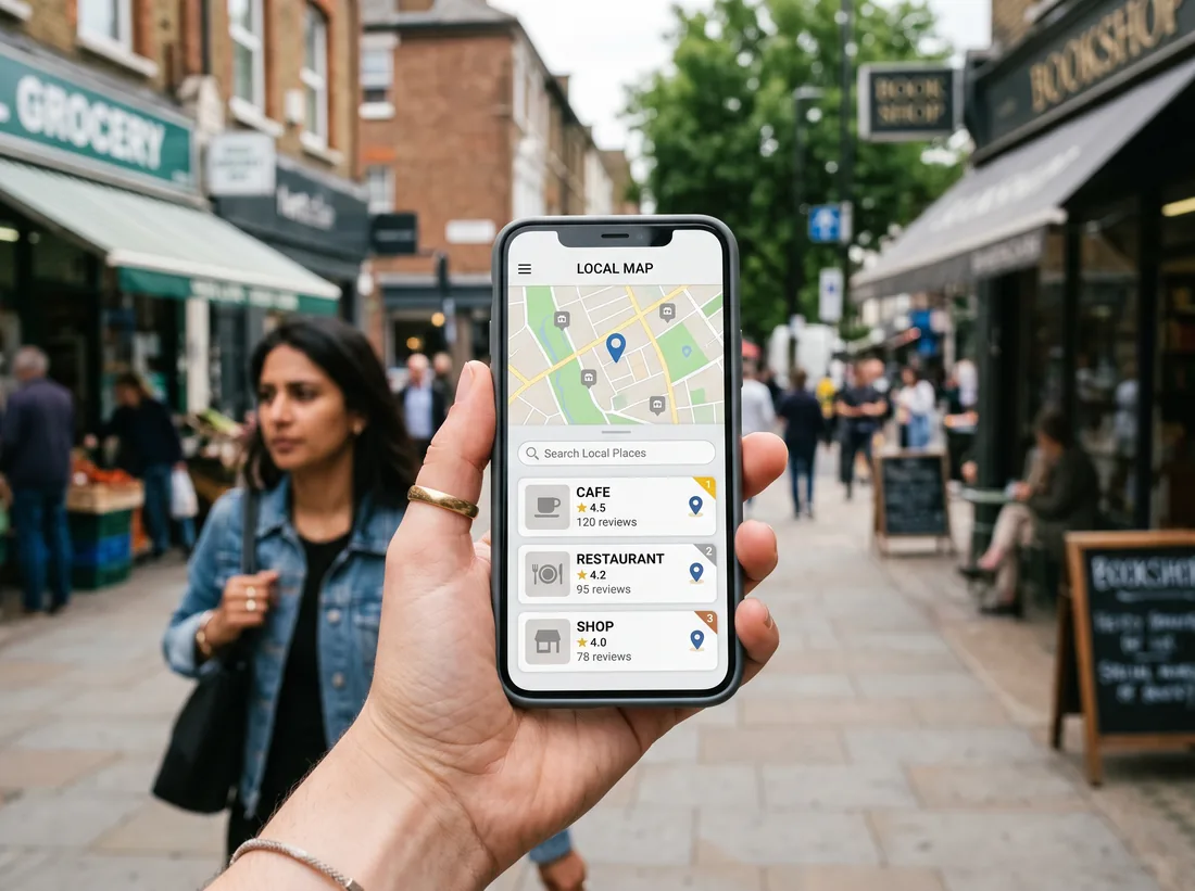 Phone showing a map and three ranked local business listings