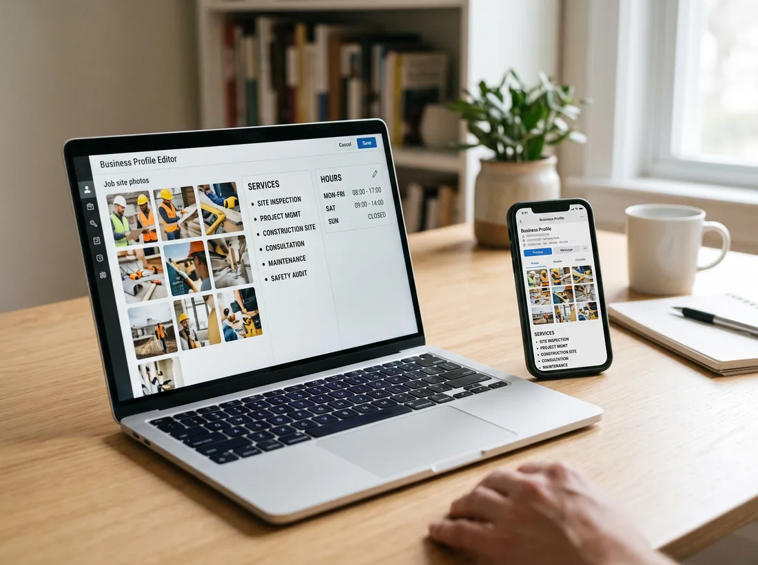 Business profile editor showing job photos, a services list, and hours