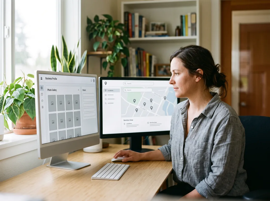 Home service owner managing a business profile and a coverage map on two monitors