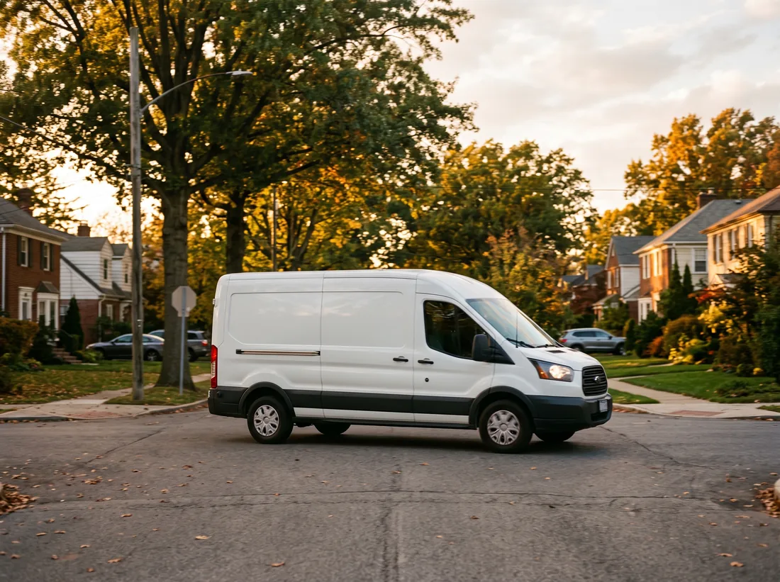 Service van driving through a suburban neighborhood at golden hour