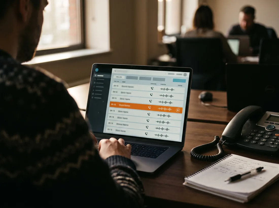 Call tracking dashboard with a missed call highlighted