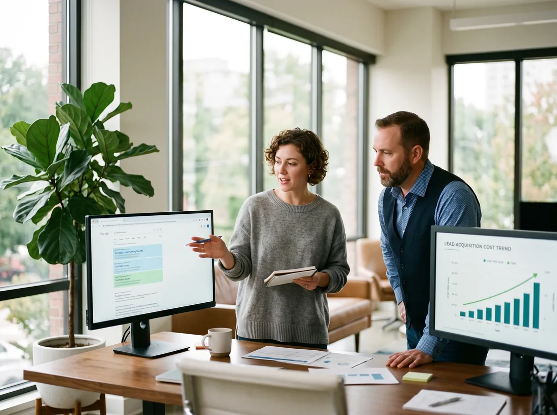 Marketing strategist and a home service owner reviewing paid search performance on two monitors
