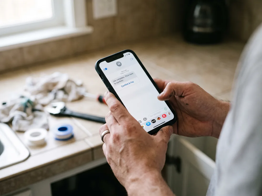 Phone showing a review request text message sent after a completed job