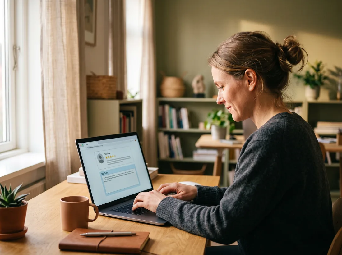 Business owner typing a reply to a customer review on a laptop