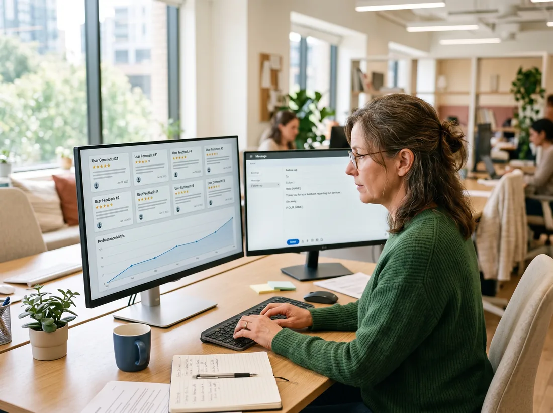 Office manager reviewing customer reviews and replies on a monitor