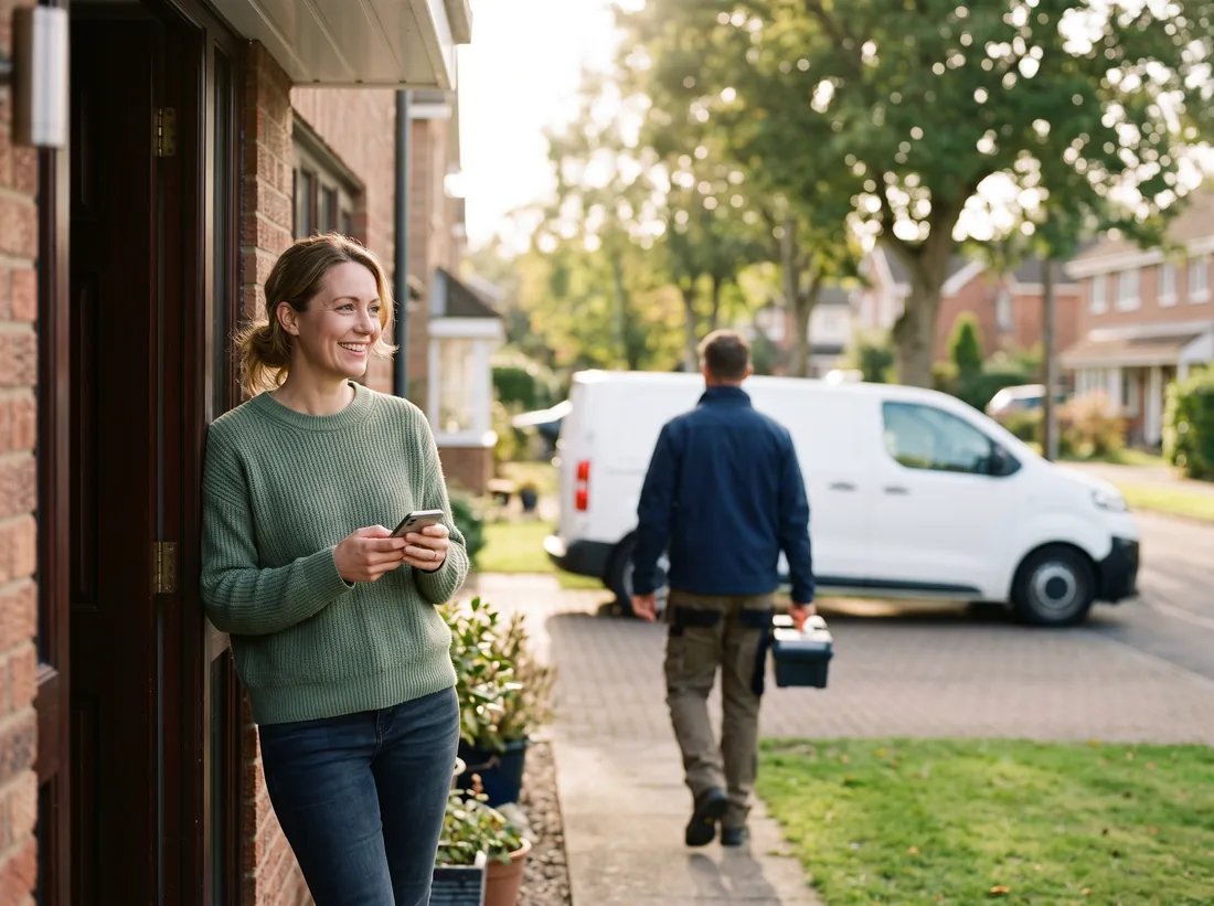 Homeowner at their front door as a technician walks back to the van