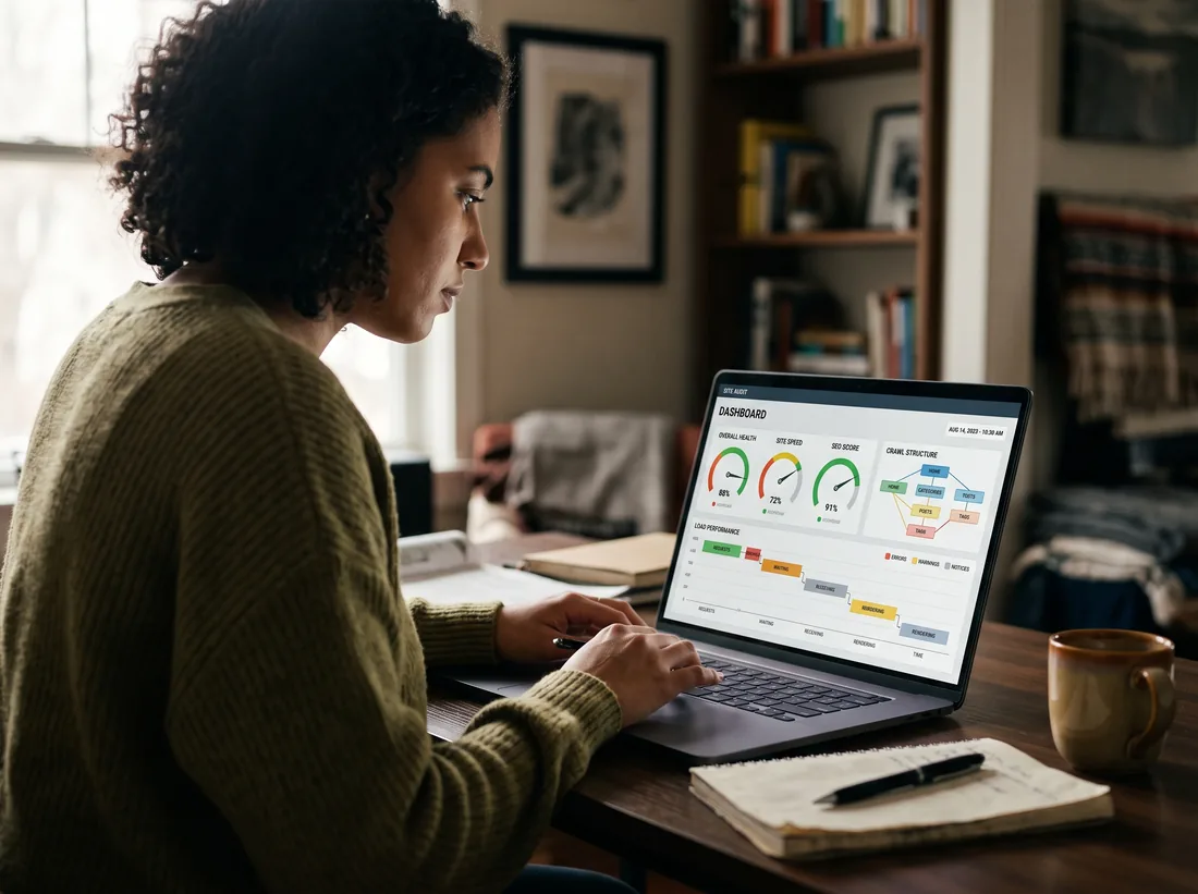 Technical site audit dashboard showing Core Web Vitals gauges