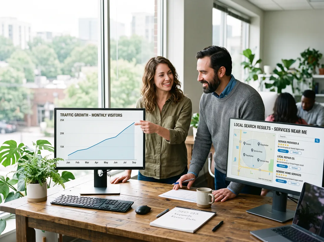 Home service owner and an analyst reviewing a rising organic traffic graph