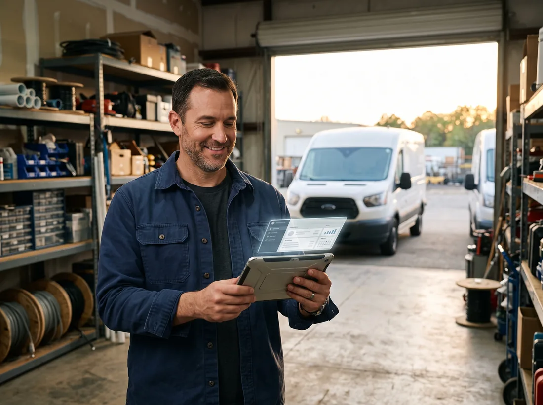 Home service business owner reviewing performance on a tablet in an equipment warehouse