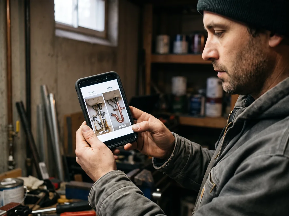 Phone showing a before-and-after photo of a completed plumbing repair
