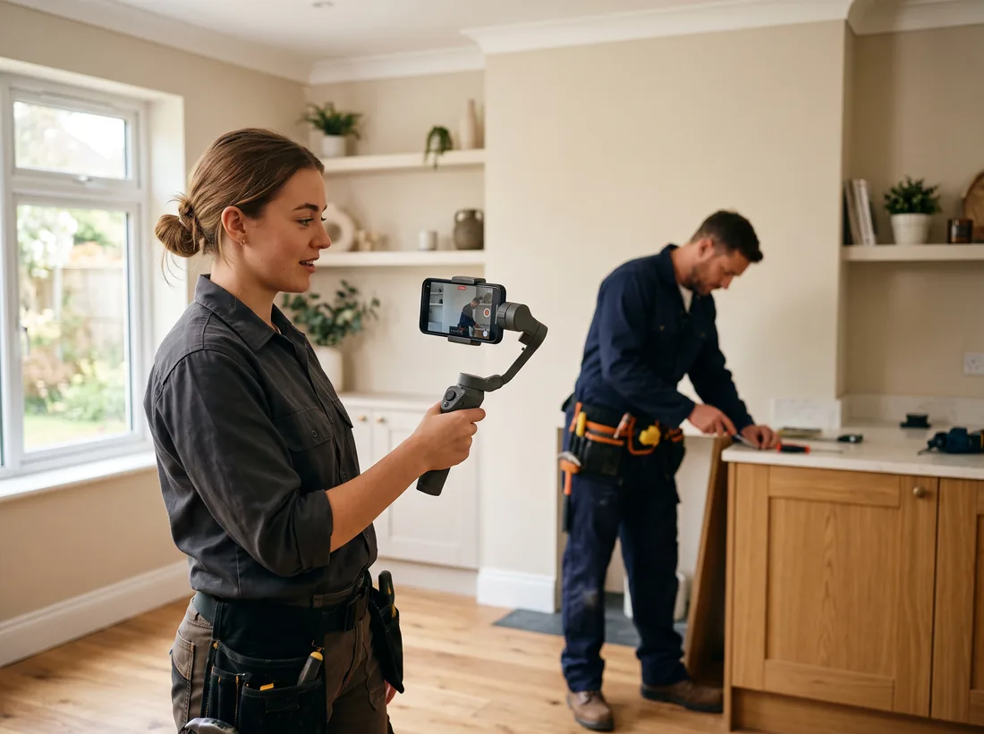 Crew member filming a completed home repair on a phone at a job site