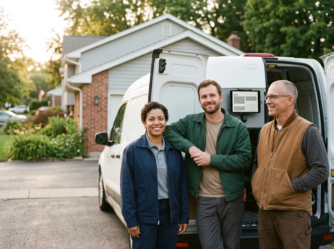 Home service crew standing in front of a work van in a suburban driveway