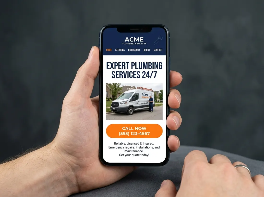 Plumbing company website on a phone with a prominent call button