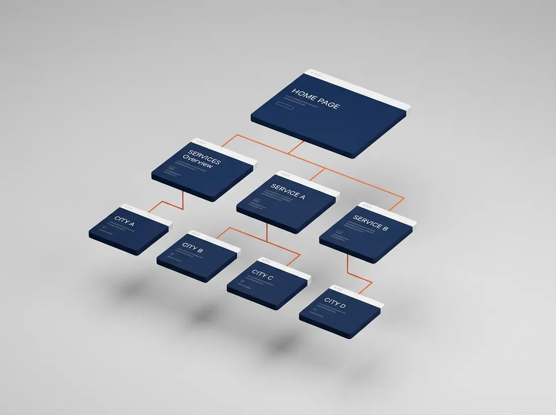 Diagram of a website structure linking the home page to service and city pages
