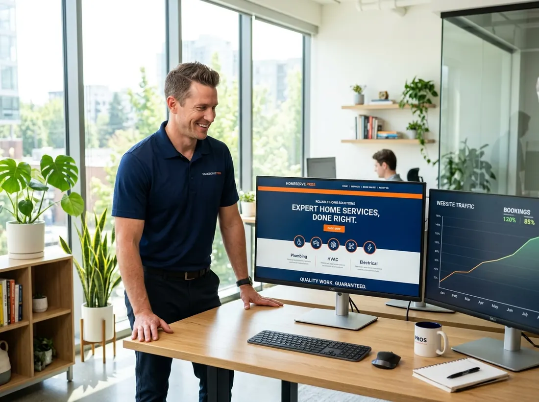 Home service business owner reviewing a new website and its traffic on a monitor