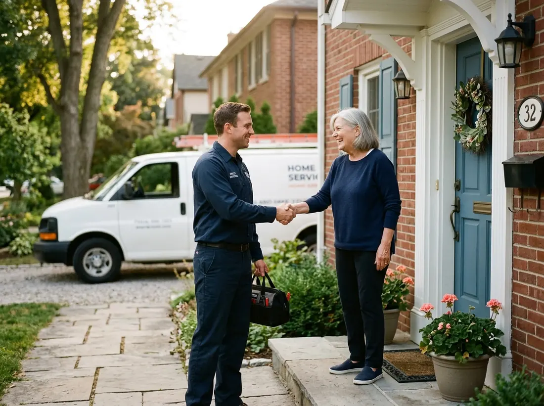 Home service technician greeting a homeowner at the door